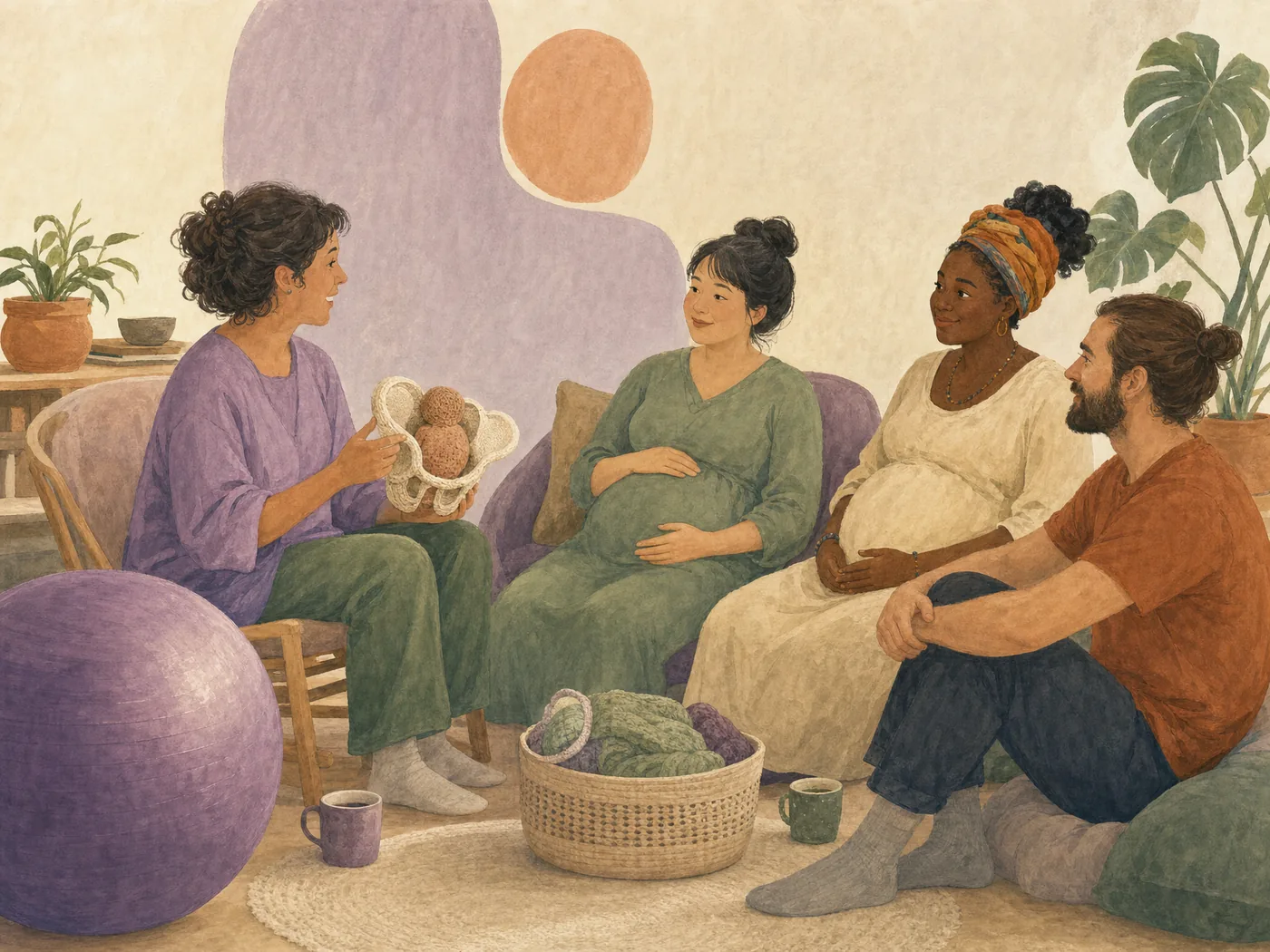Illustration of a midwife leading an antenatal workshop