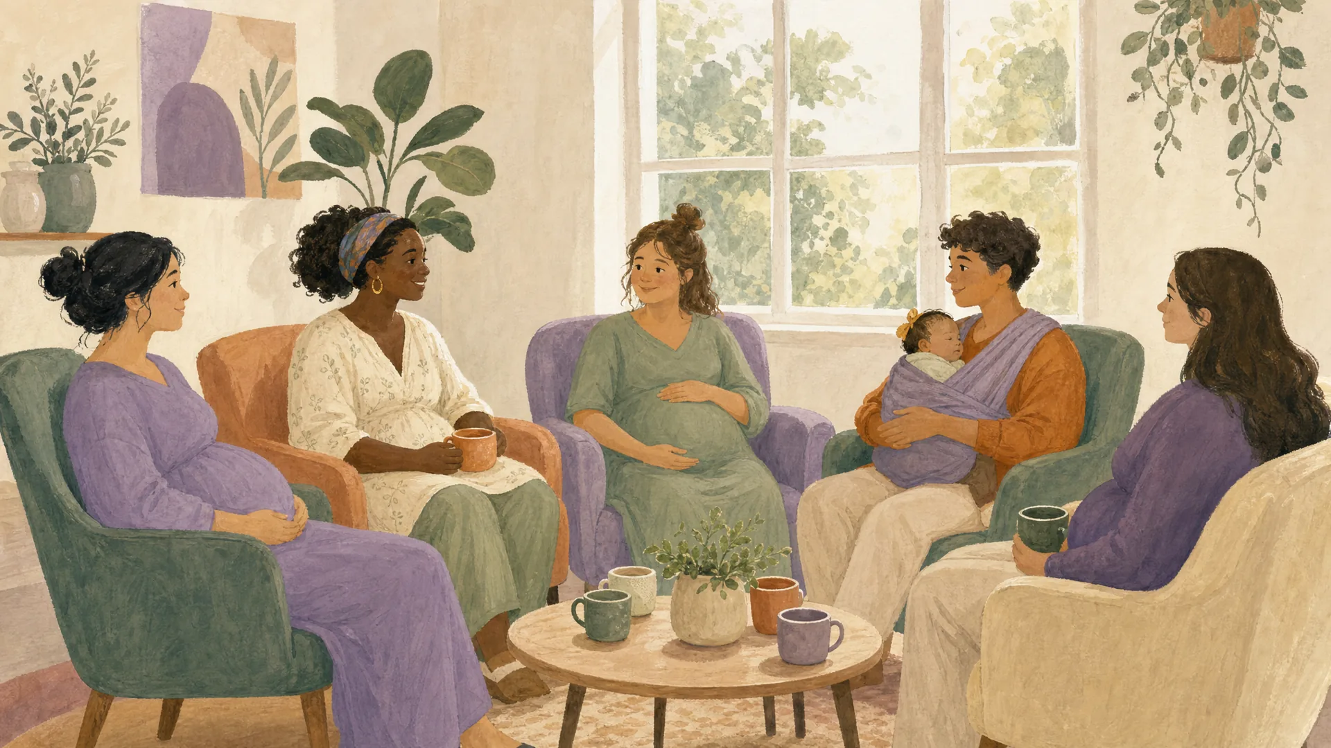 Illustration of pregnant women and new parents sitting together with mugs of tea in a bright community room