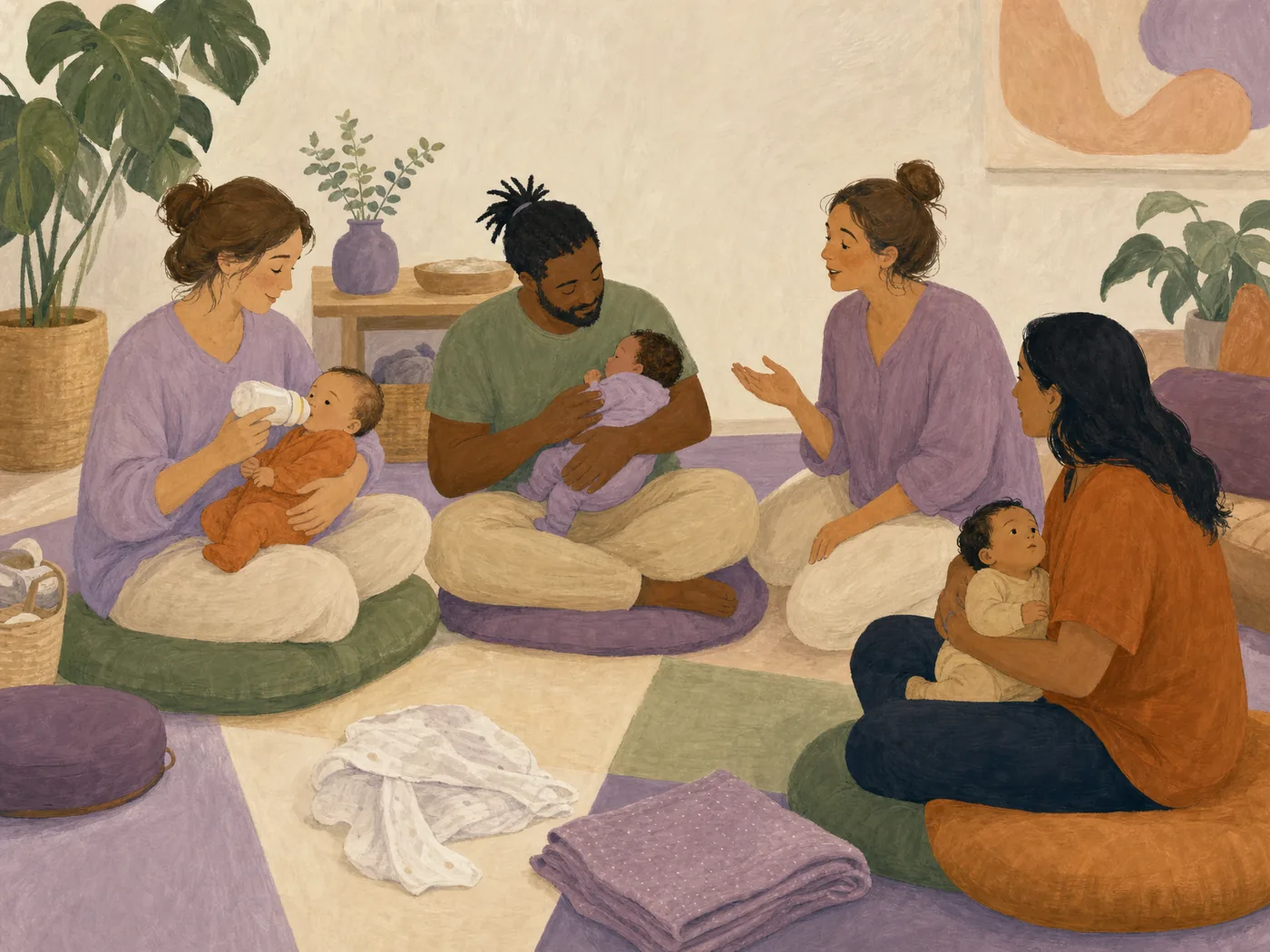 Illustration of new parents sitting with their babies at a postnatal session