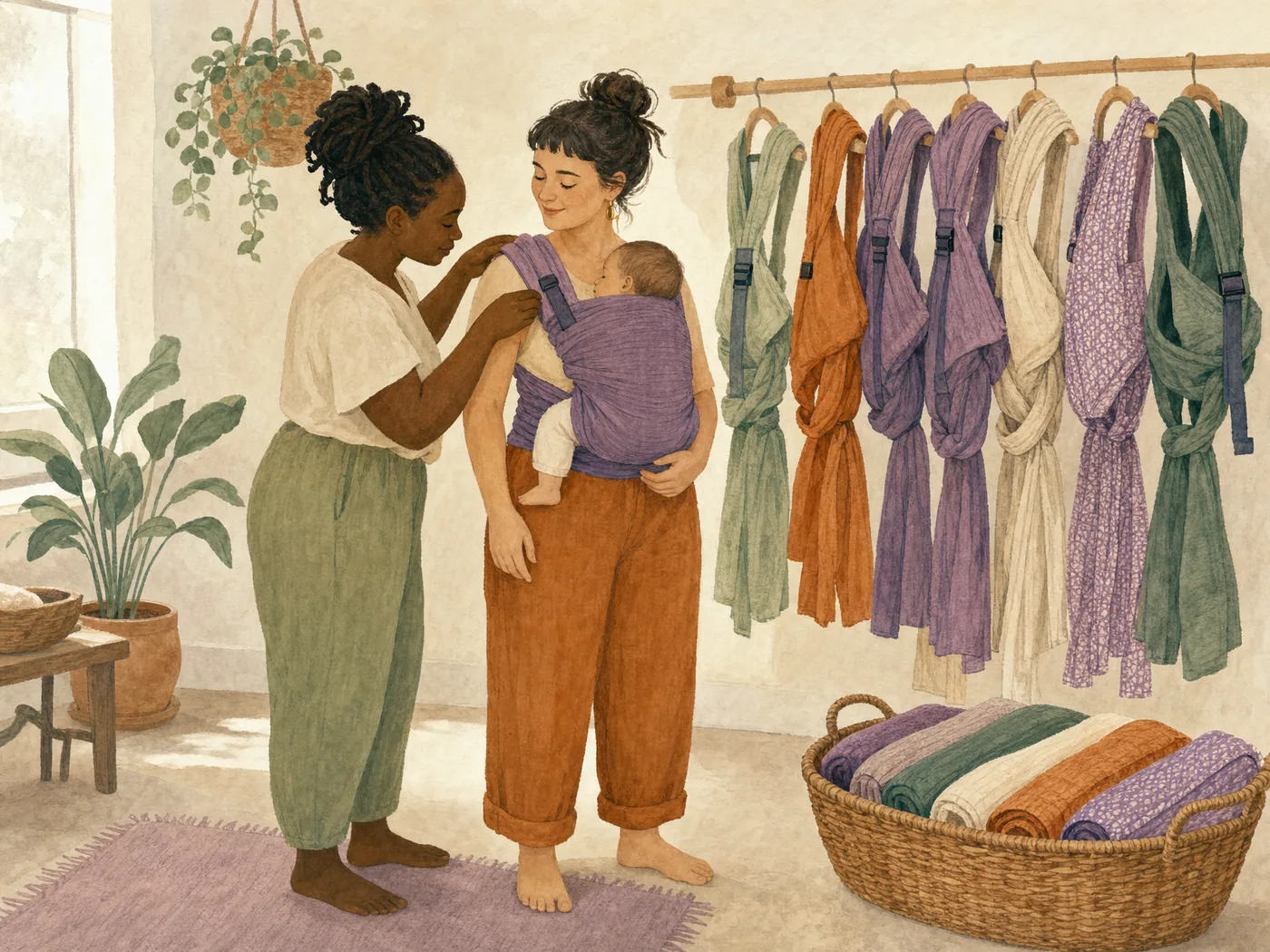 Illustration of a rail of woven baby carriers with a parent being helped to fit one