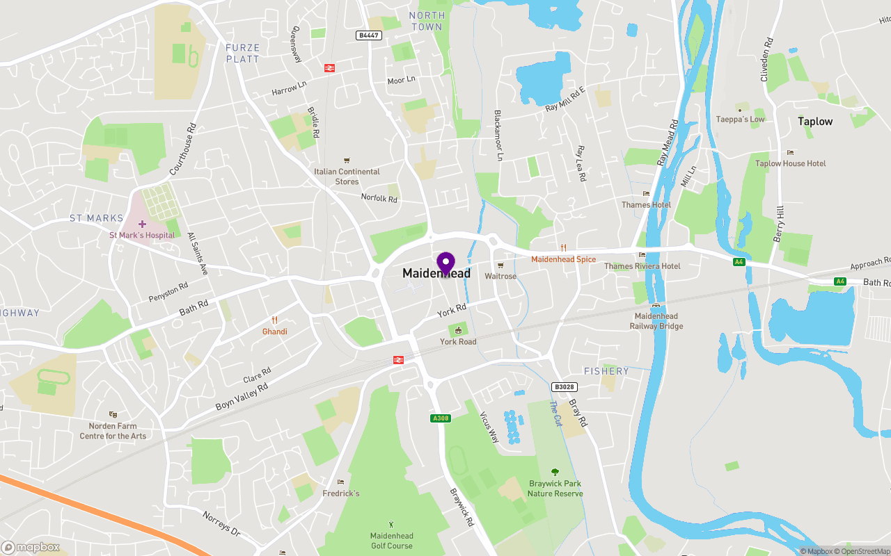 Map showing Maidenhead and our venue in High Wycombe